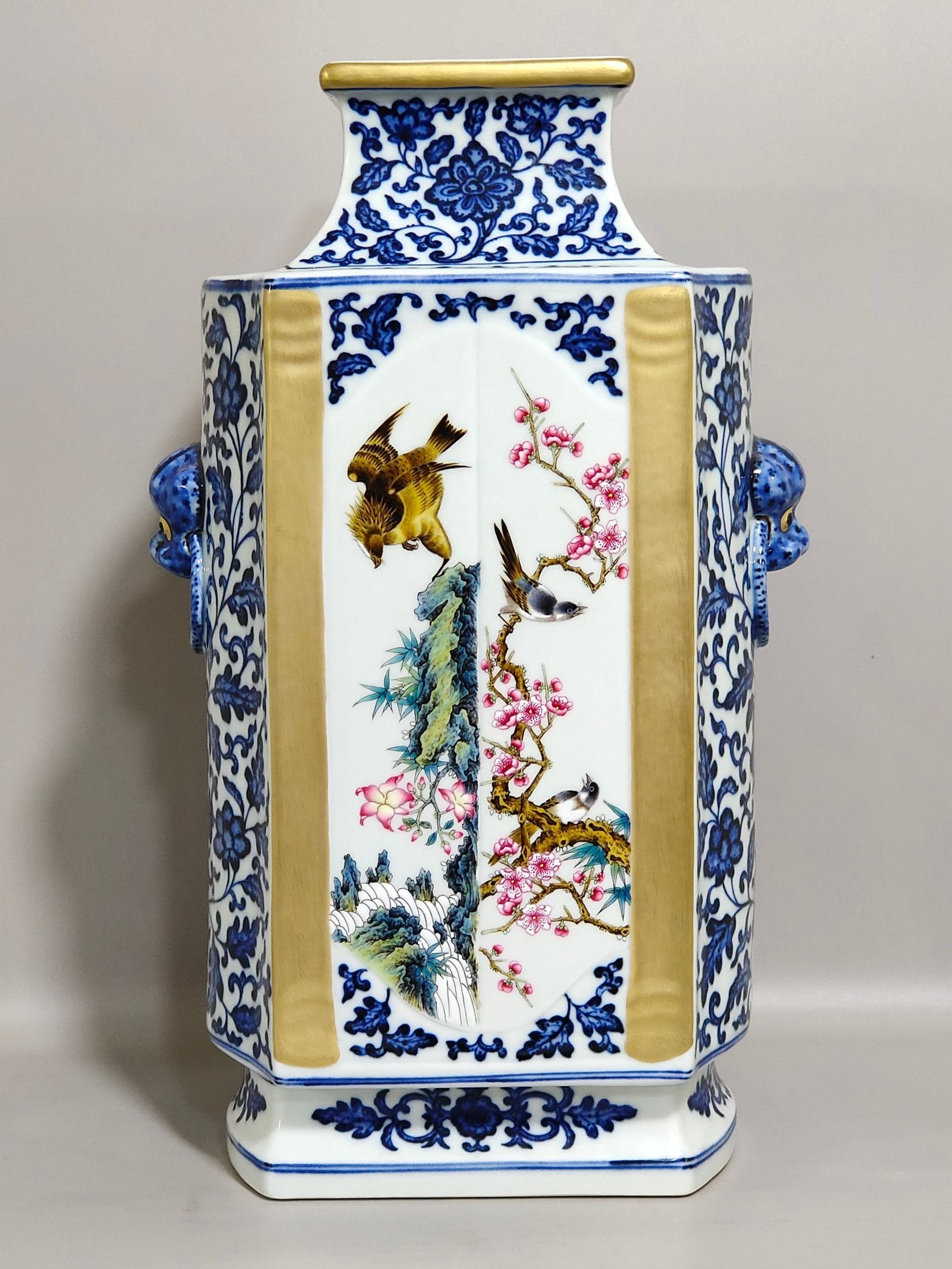 Qing Dynasty Qianlong blue and white plus pastel flowers and birds square amphora
