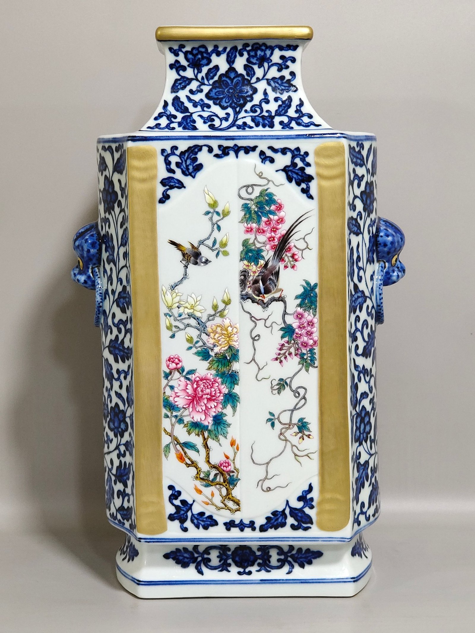 Qing Dynasty Qianlong blue and white plus pastel flowers and birds square amphora