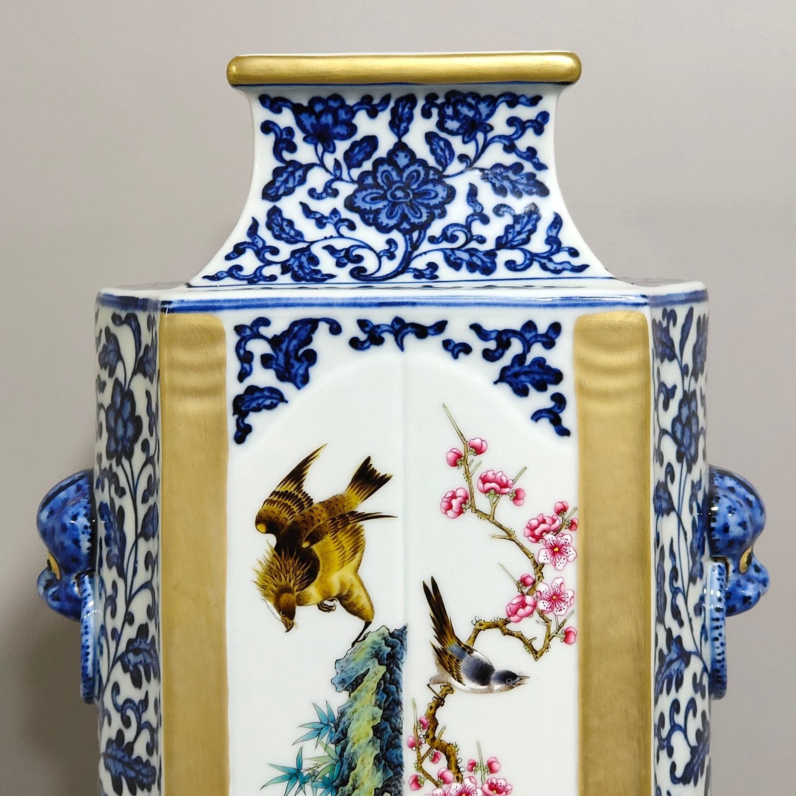 Qing Dynasty Qianlong blue and white plus pastel flowers and birds square amphora