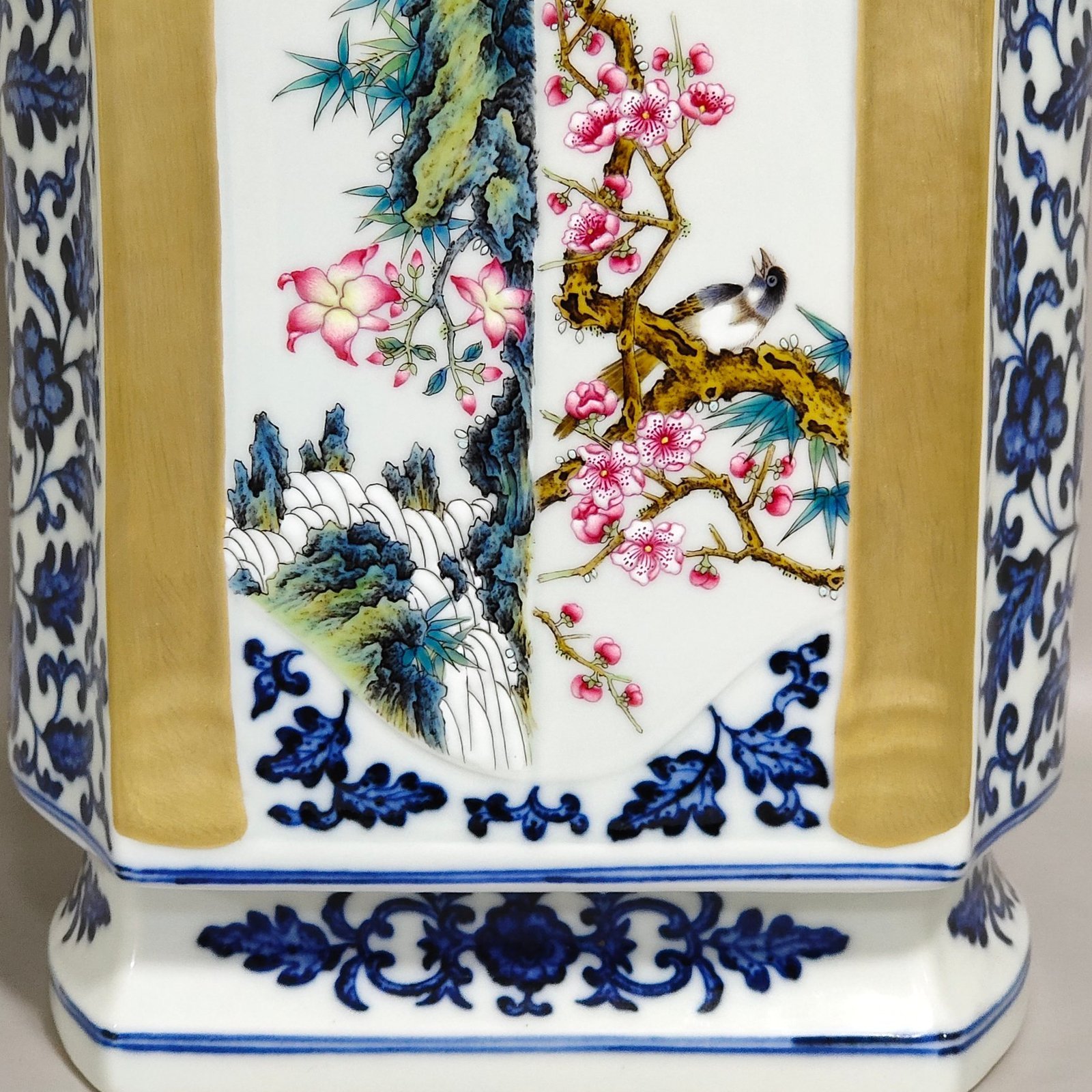 Qing Dynasty Qianlong blue and white plus pastel flowers and birds square amphora