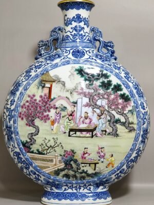 Qing Dynasty Qianlong blue and white and pastel large flat vase