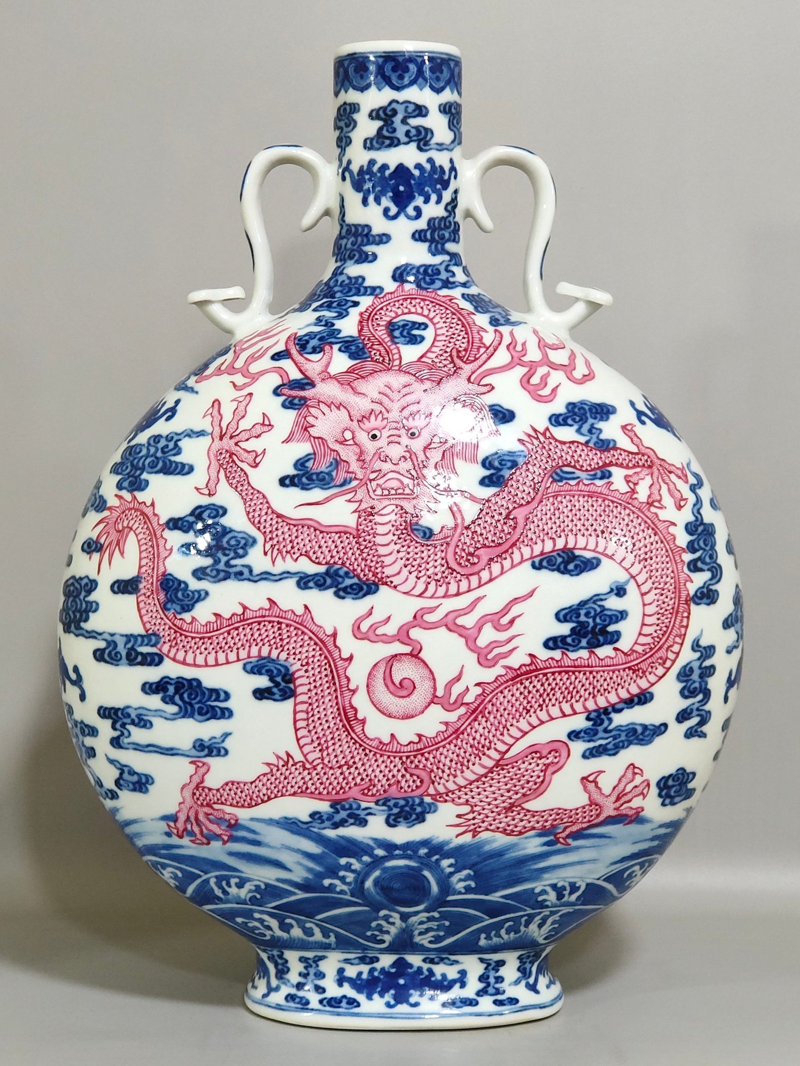 Qing Dynasty Qianlong blue and white and rouge red auspicious cloud and dragon vase