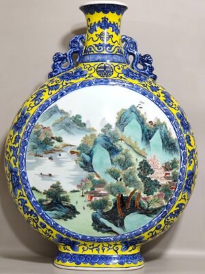 Qing Dynasty Qianlong blue and white with yellow glaze window landscape flat vase