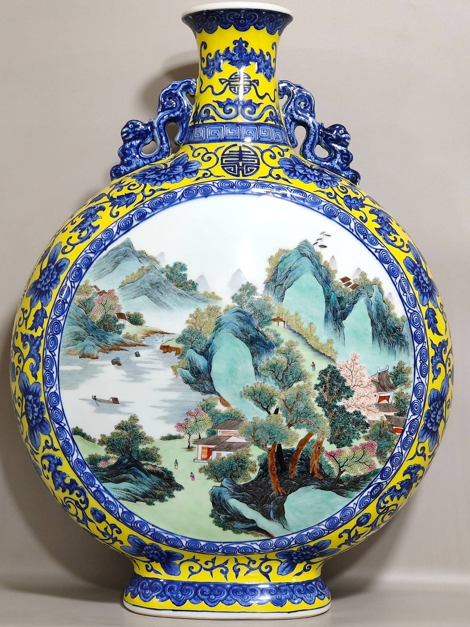 Qing Dynasty Qianlong blue and white with yellow glaze window landscape flat vase