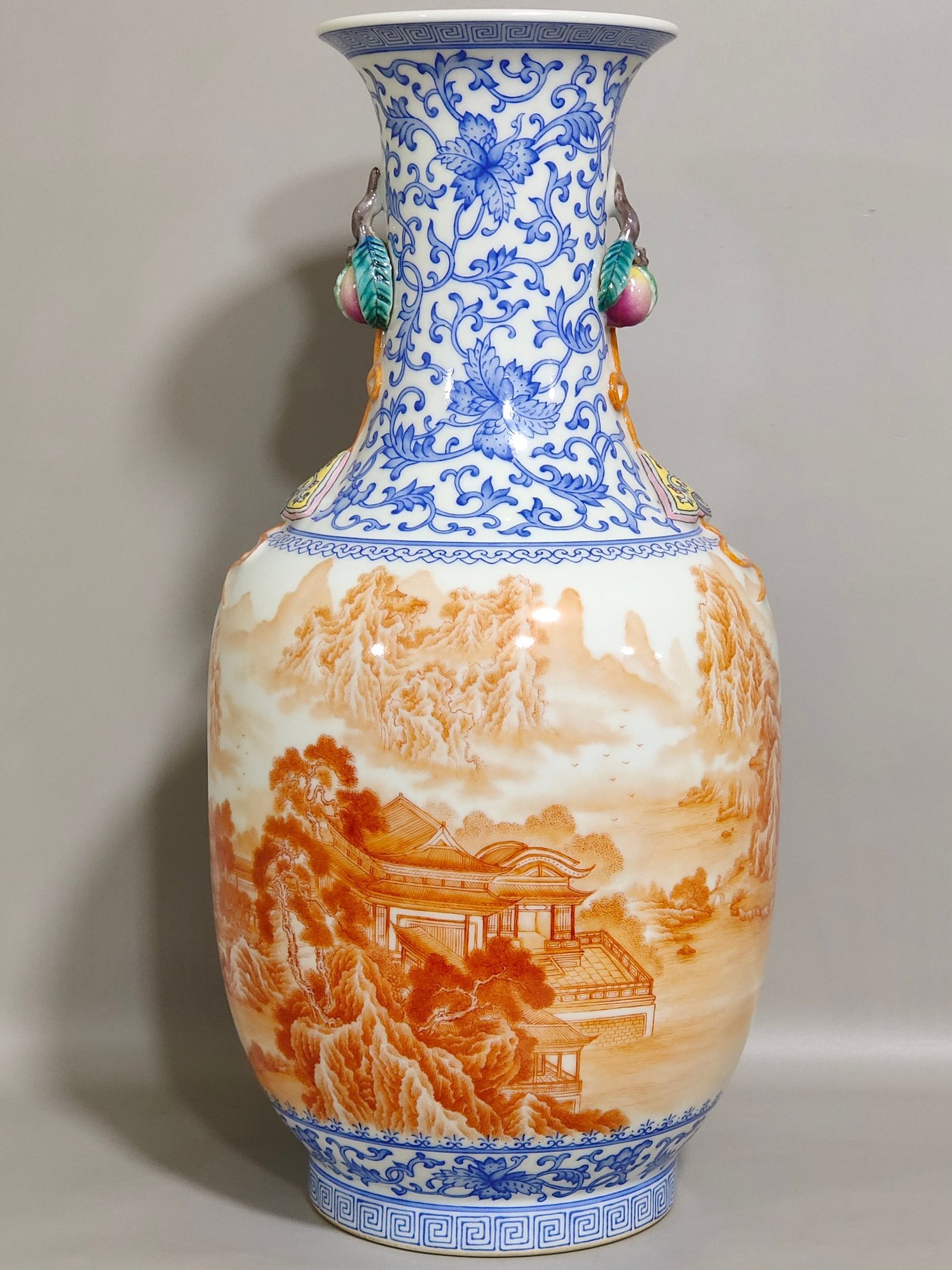 Qing Dynasty Qianlong blue and white alum red landscape attic amphora with poems