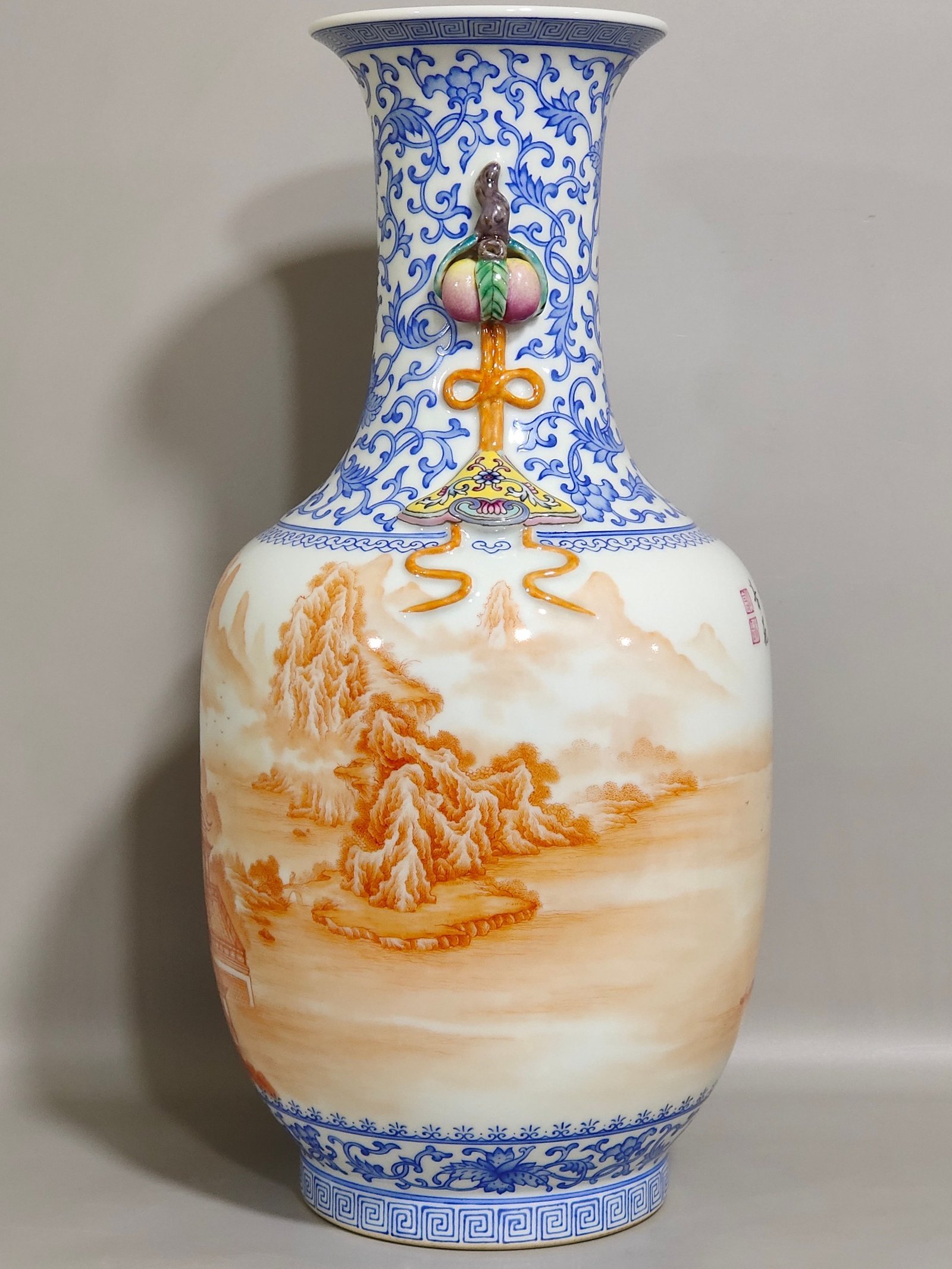 Qing Dynasty Qianlong blue and white alum red landscape attic amphora with poems