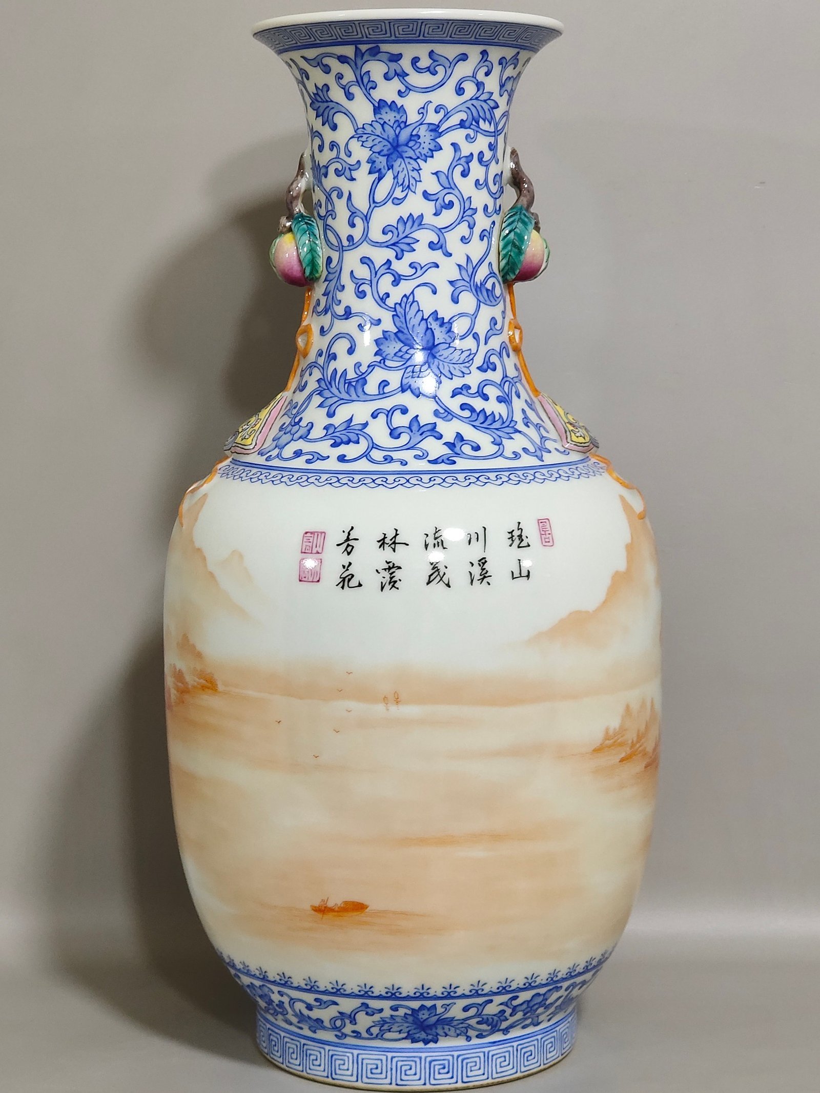 Qing Dynasty Qianlong blue and white alum red landscape attic amphora with poems