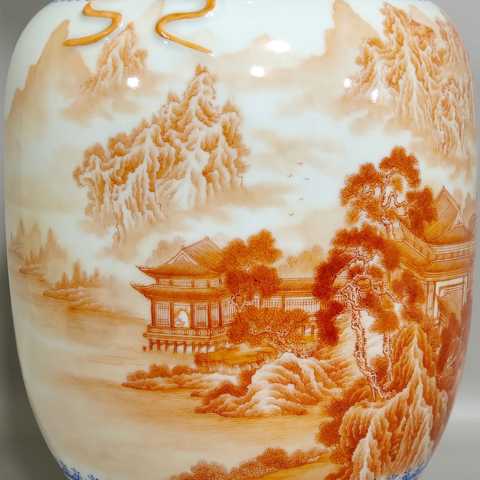 Qing Dynasty Qianlong blue and white alum red landscape attic amphora with poems