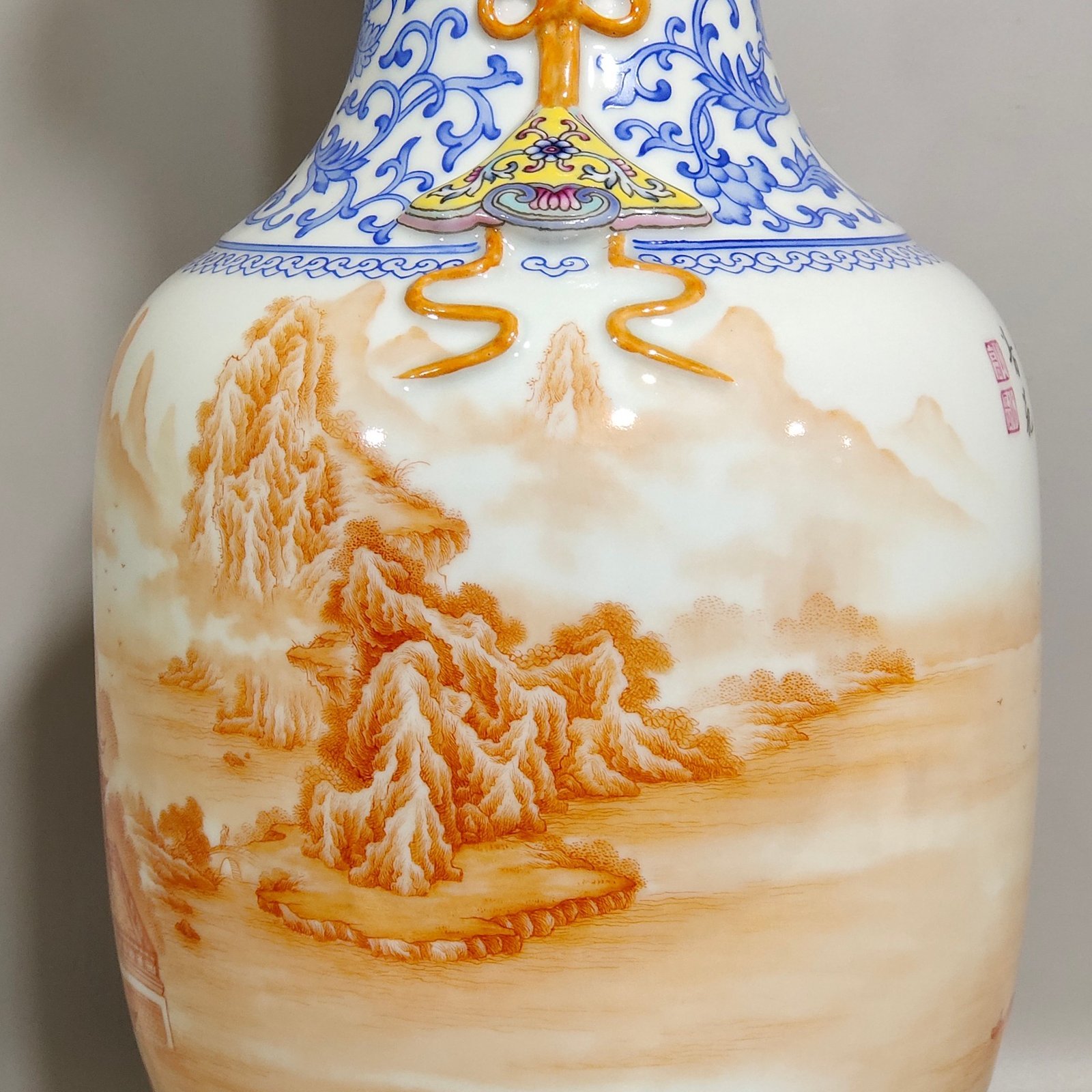 Qing Dynasty Qianlong blue and white alum red landscape attic amphora with poems
