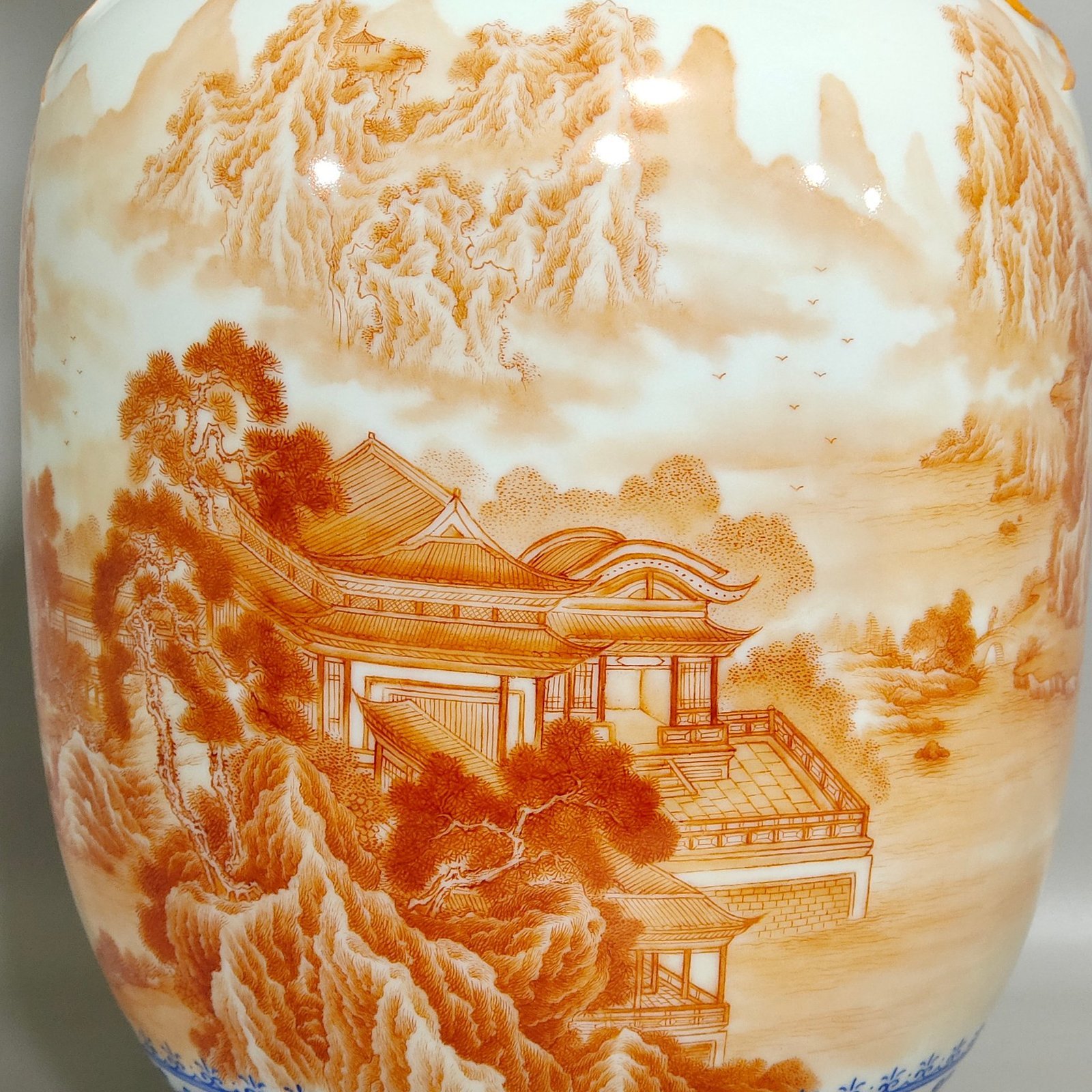 Qing Dynasty Qianlong blue and white alum red landscape attic amphora with poems