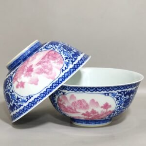 Qing Dynasty Qianlong blue and white blessing and longevity landscape bowl