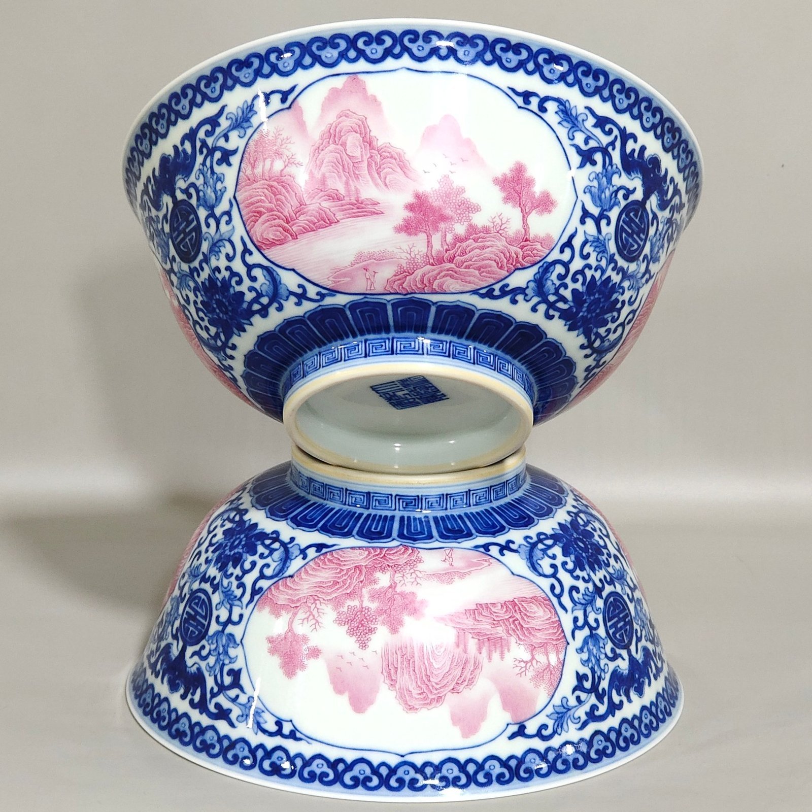 Qing Dynasty Qianlong blue and white blessing and longevity landscape bowl