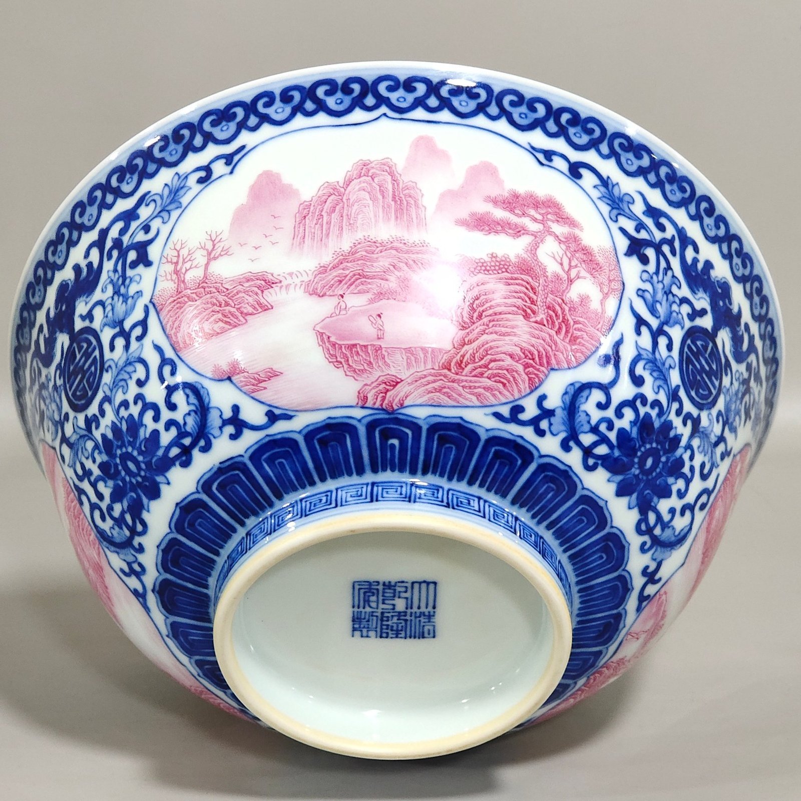 Qing Dynasty Qianlong blue and white blessing and longevity landscape bowl