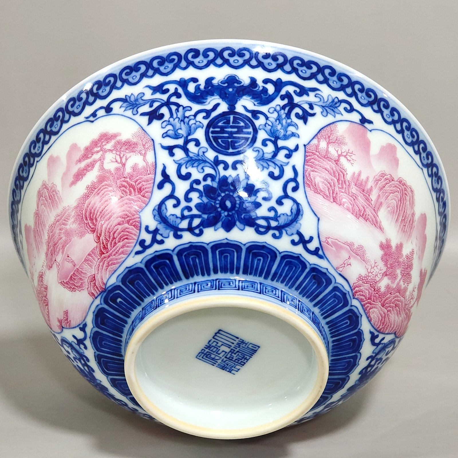 Qing Dynasty Qianlong blue and white blessing and longevity landscape bowl