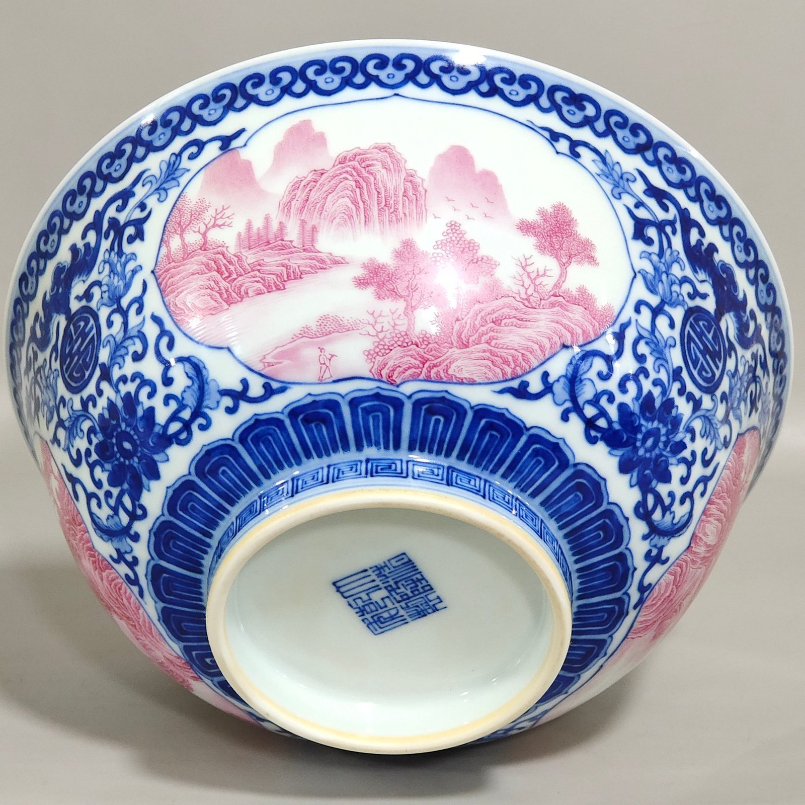 Qing Dynasty Qianlong blue and white blessing and longevity landscape bowl