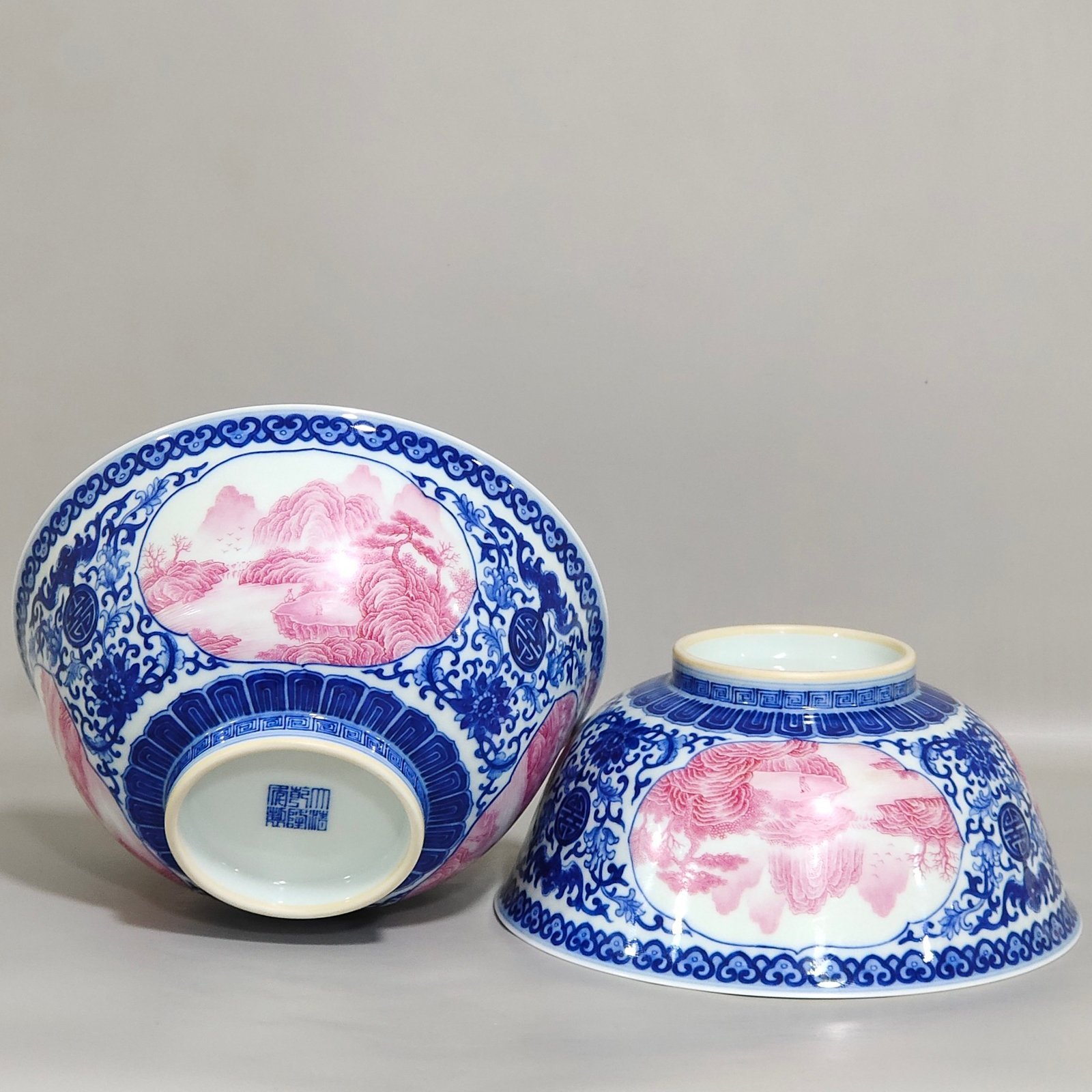 Qing Dynasty Qianlong blue and white blessing and longevity landscape bowl