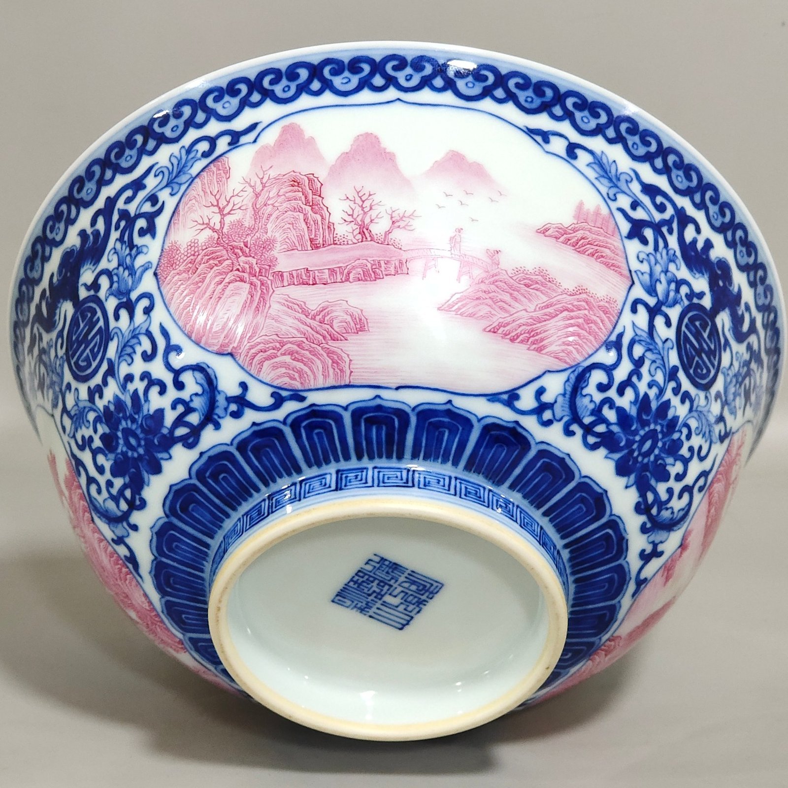 Qing Dynasty Qianlong blue and white blessing and longevity landscape bowl