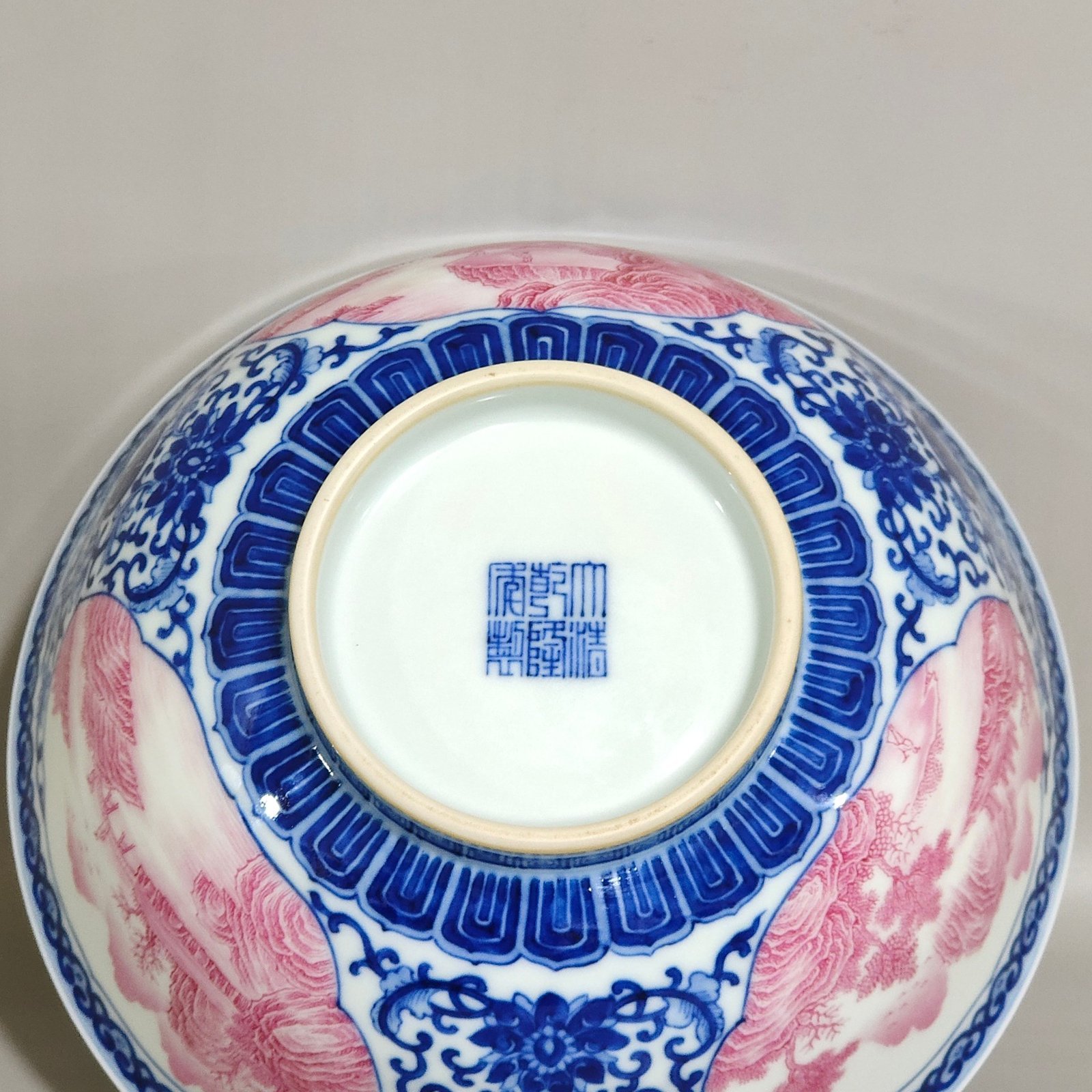 Qing Dynasty Qianlong blue and white blessing and longevity landscape bowl