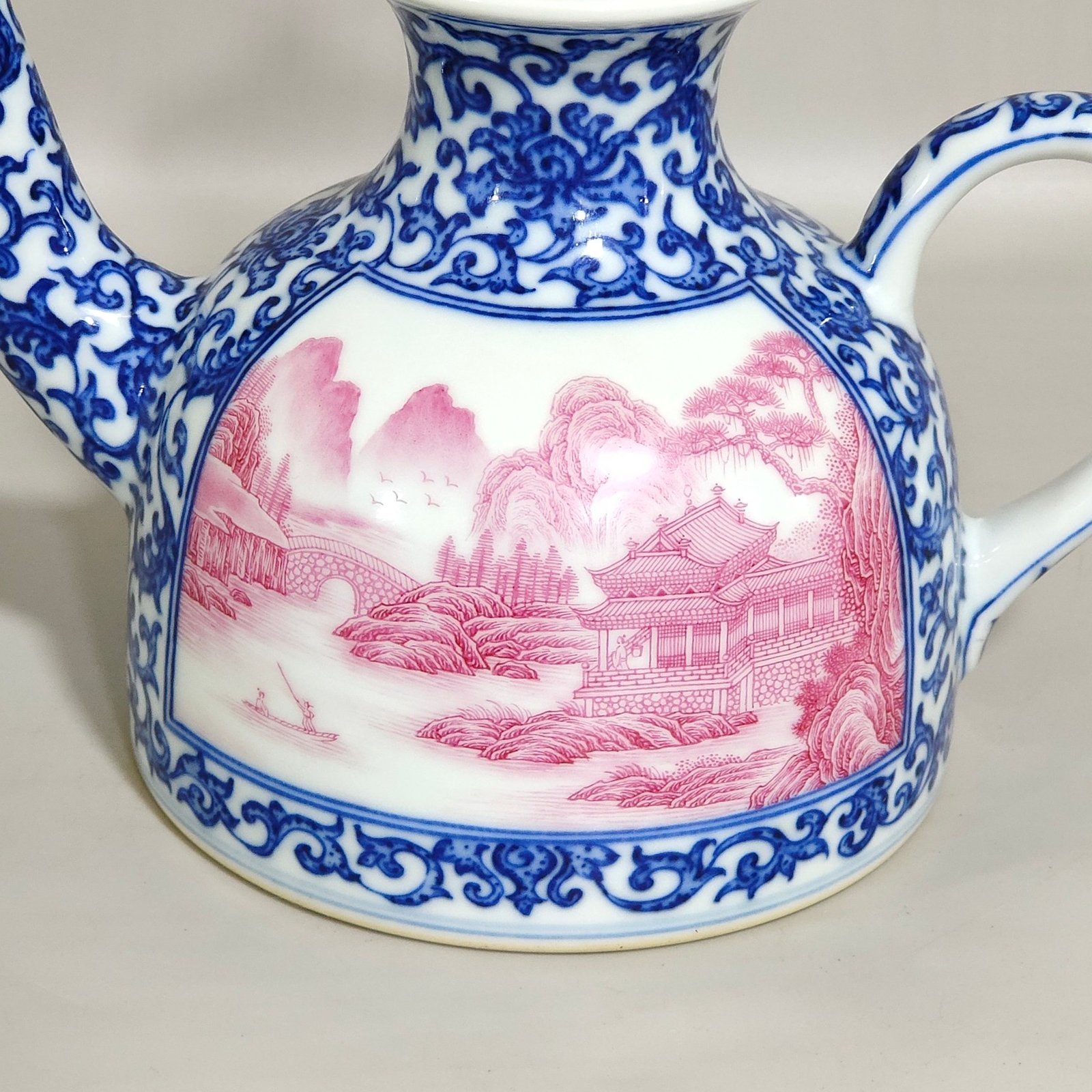 Qing Dynasty Qianlong blue and white longevity teapot with window agate and red landscape
