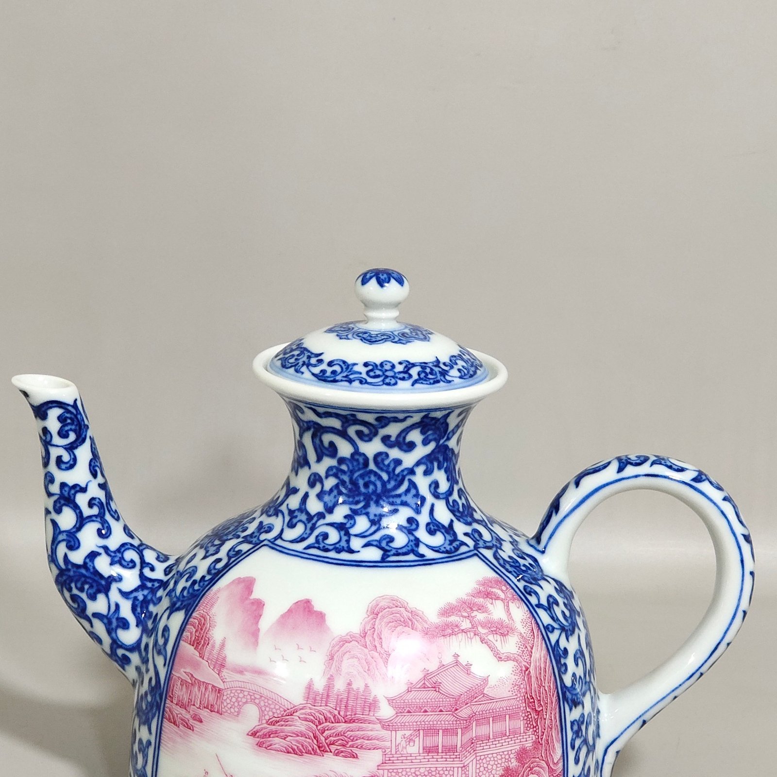Qing Dynasty Qianlong blue and white longevity teapot with window agate and red landscape