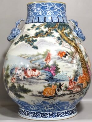 Qing Dynasty Qianlong blue and white pastel hundred rabbit and deer head statue