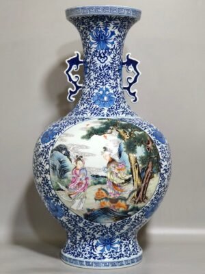 Qing Dynasty Qianlong blue and white amphora with branches and windows characters and stories