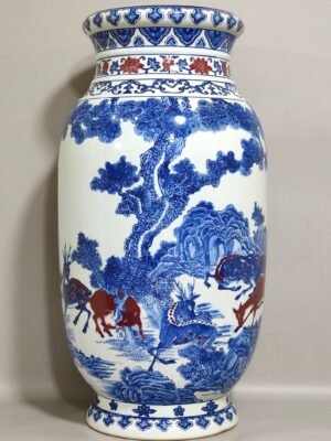 Qing Dynasty Qianlong blue and white underglaze vase with red pine and deer pictures