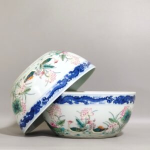 Qing Dynasty Qianlong blue and white dragon-patterned lotus bowl with mandarin ducks