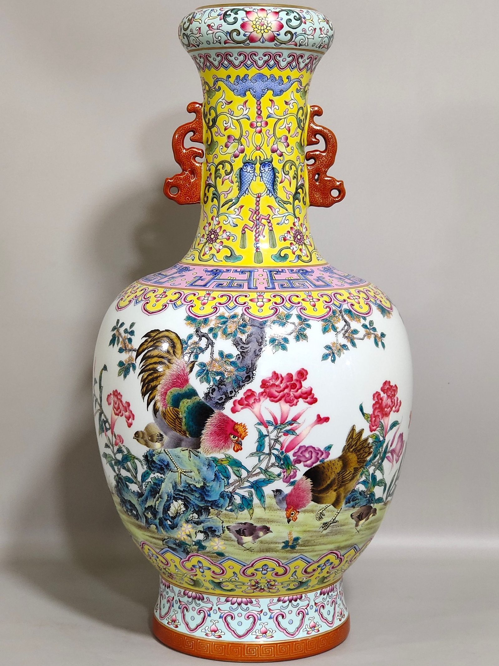 Qing Dynasty Qianlong Yellow Land Good Luck Double-Ear Poetry Vase