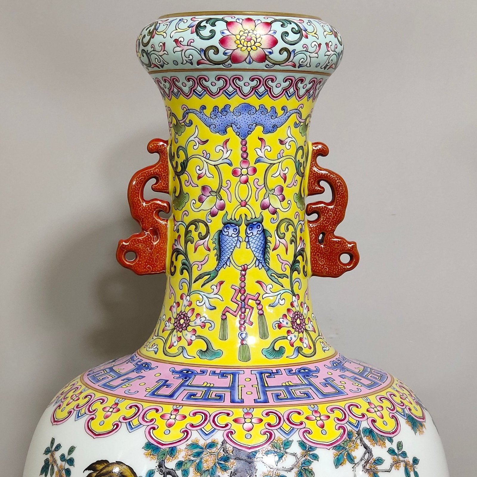 Qing Dynasty Qianlong Yellow Land Good Luck Double-Ear Poetry Vase