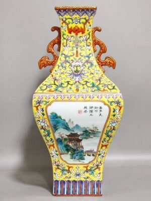 Qing Dynasty Qianlong yellow ground square amphorae with windows