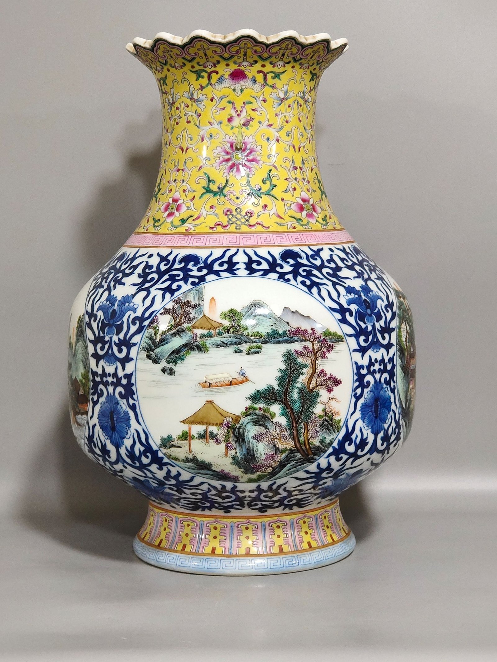 Qing Dynasty Qianlong yellow ground landscape statue with windows