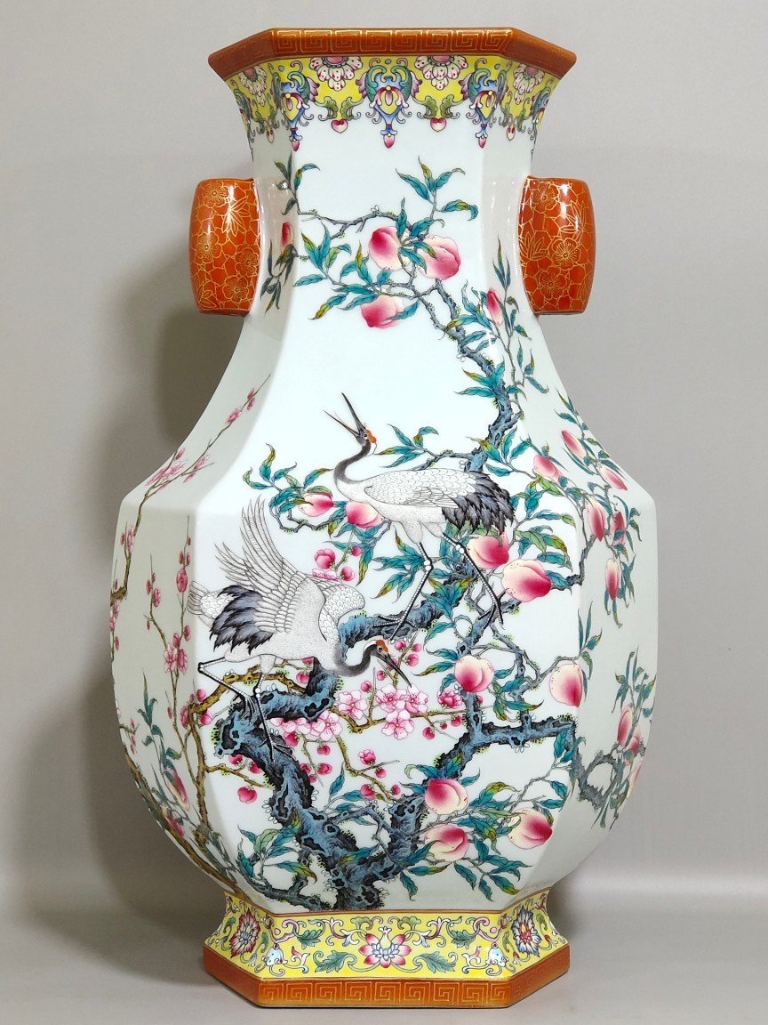 Qing Dynasty Qianlong yellow ground border plum peach congratulations six-sided amphora