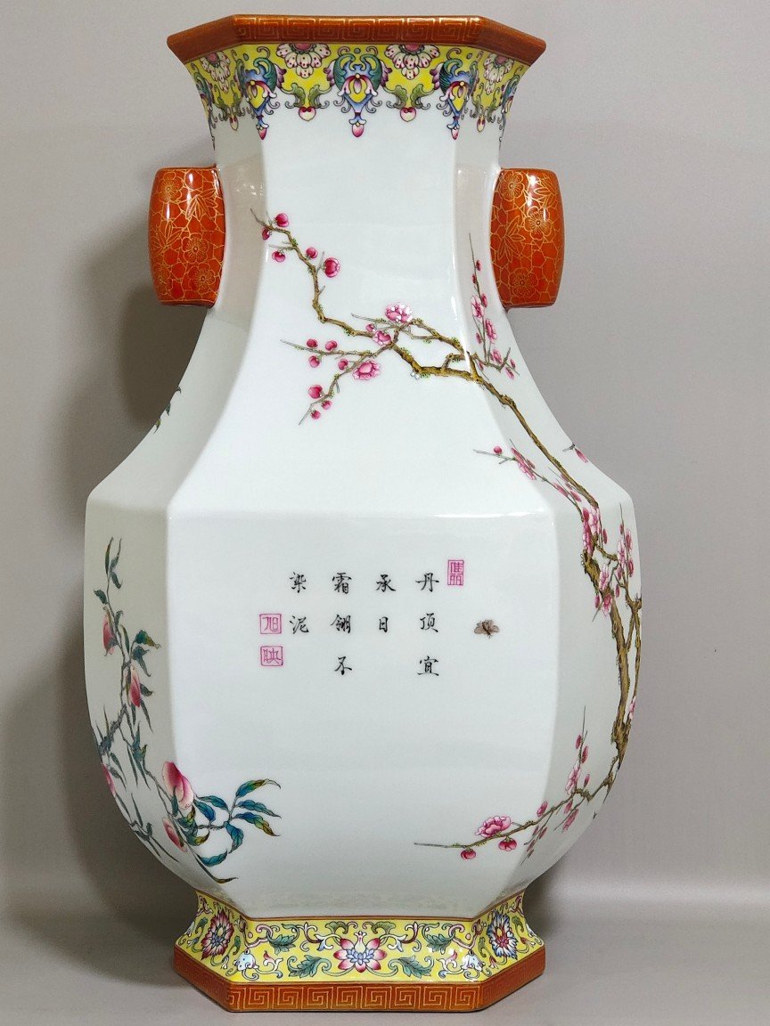 Qing Dynasty Qianlong yellow ground border plum peach congratulations six-sided amphora