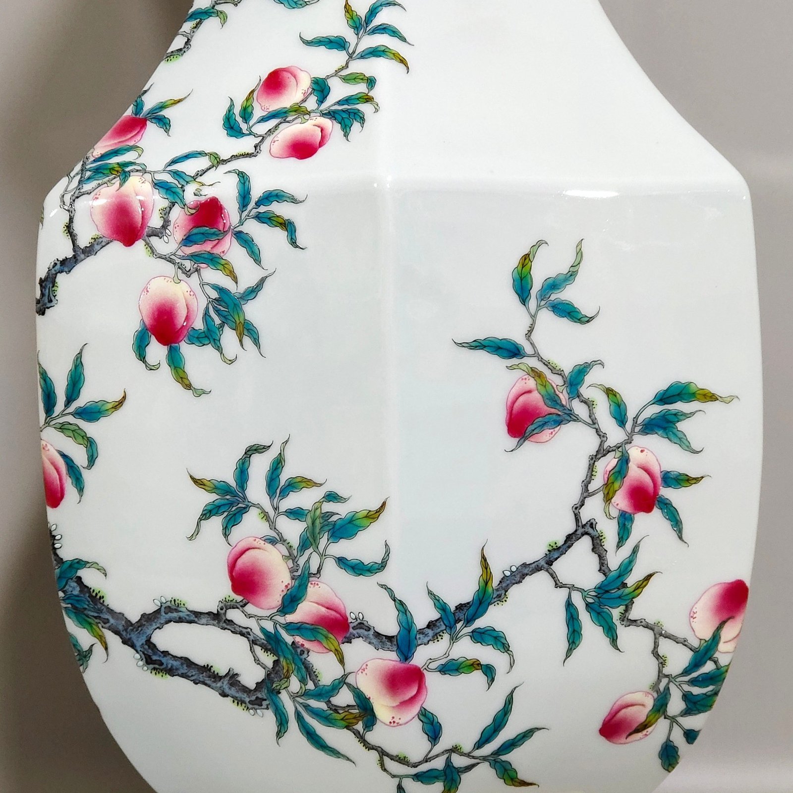 Qing Dynasty Qianlong yellow ground border plum peach congratulations six-sided amphora