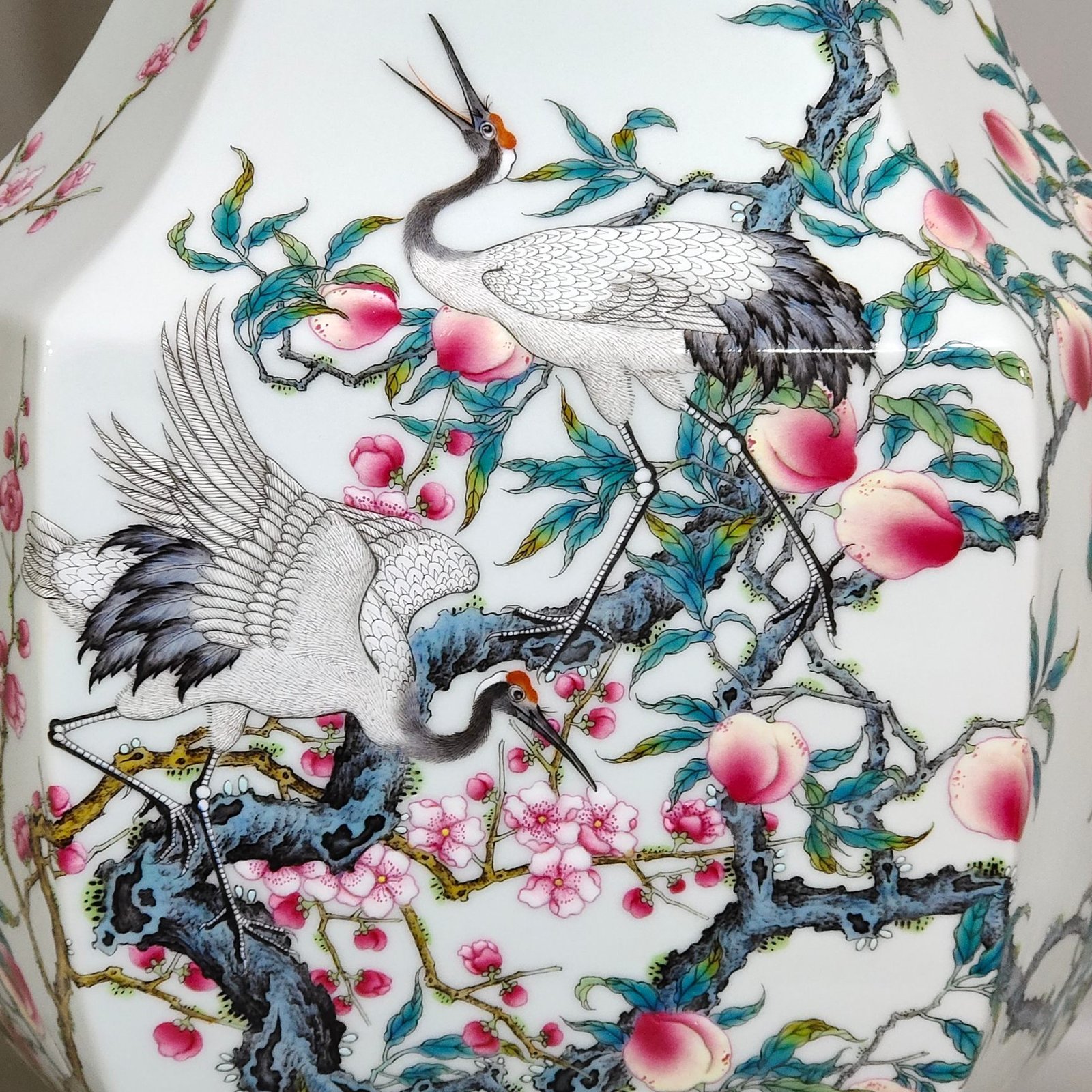 Qing Dynasty Qianlong yellow ground border plum peach congratulations six-sided amphora