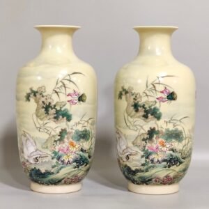 Qing Dynasty Qianlong yellow-glazed egret and lotus poem-inscribed vase