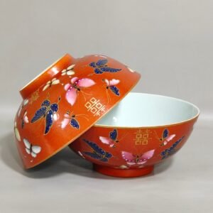 Qing Dynasty Tongzhi wedding porcelain coral red butterfly happy word bowl