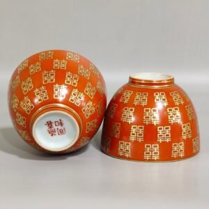 Qing Dynasty Tongzhi wedding porcelain coral red cup with gold inscription