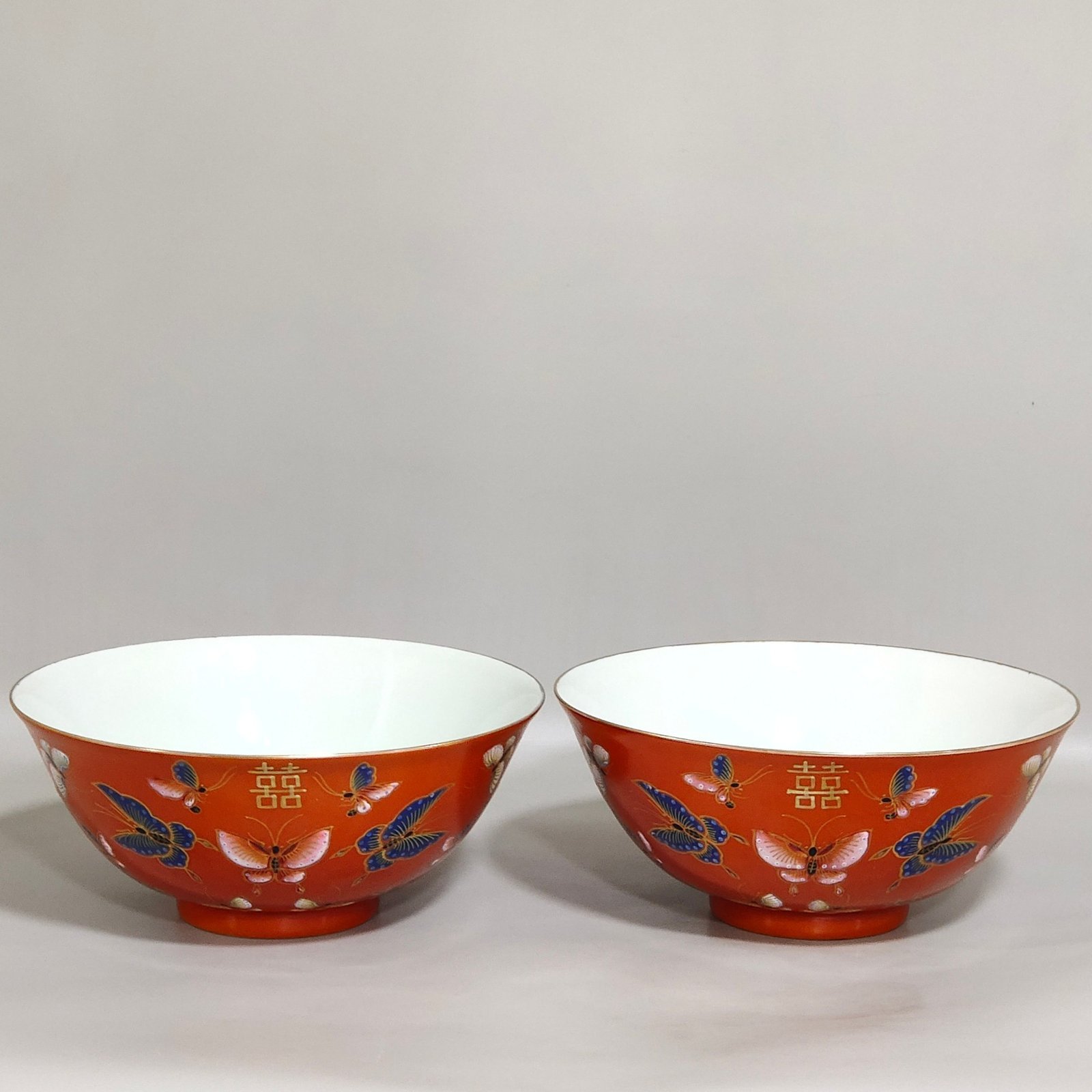 Qing Dynasty Tongzhi wedding porcelain coral red butterfly wedding bowl
