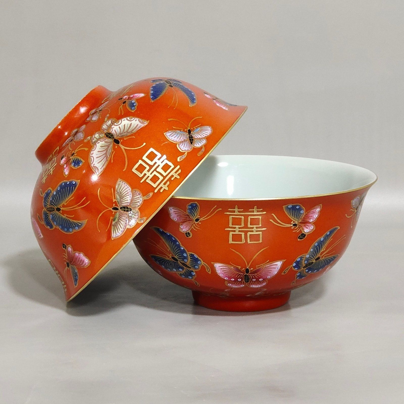 Qing Dynasty Tongzhi wedding porcelain coral-red butterfly bowl with golden characters