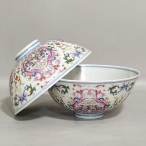 Qing Dynasty Jiaqing blessing and longevity bowl with red dragons piercing flowers and interior painting