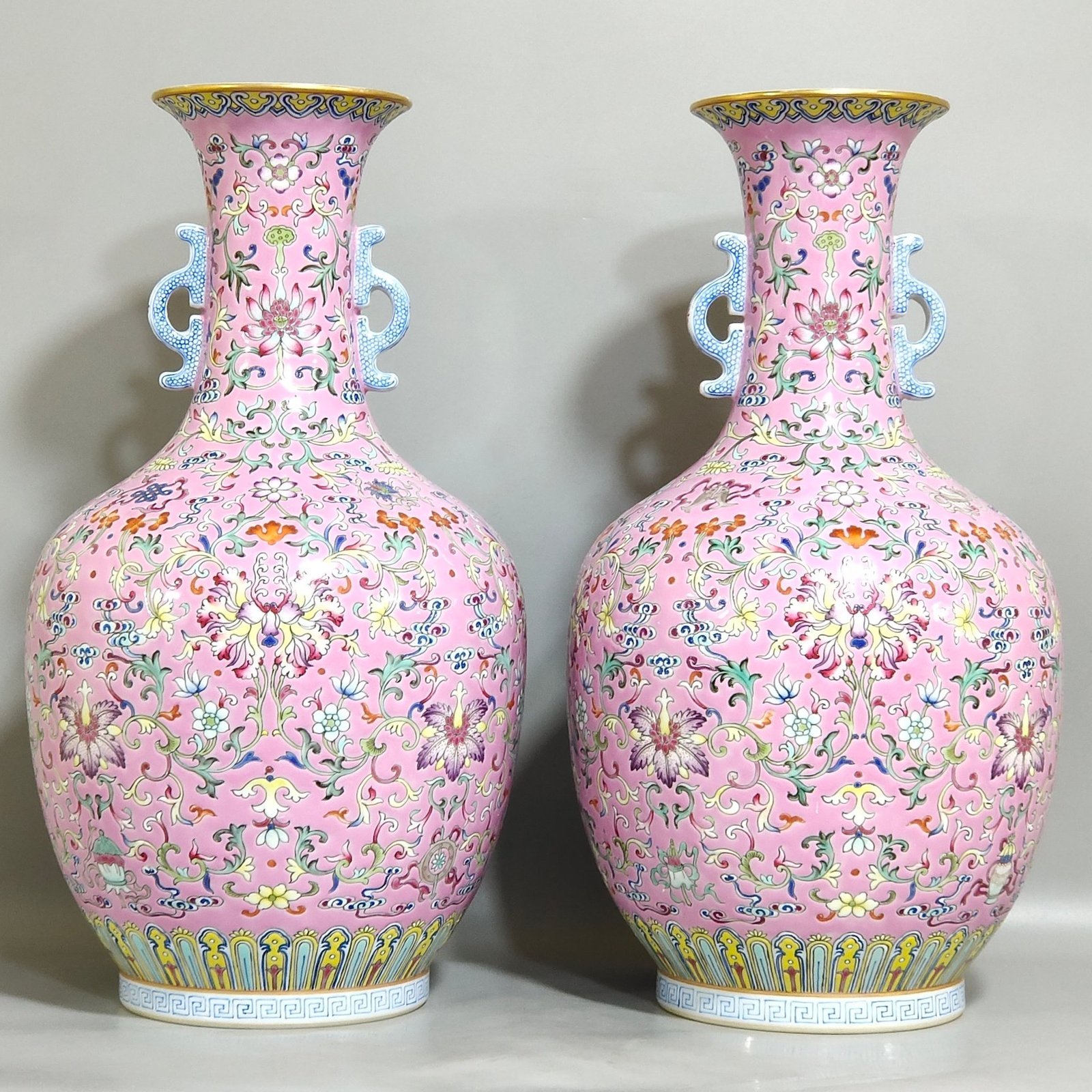 Qing Dynasty Jiaqing pink ground eight-treasure pattern blessing and longevity amphorae