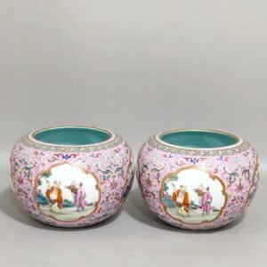 Qing Dynasty Jiaqing pink ground window character story washed
