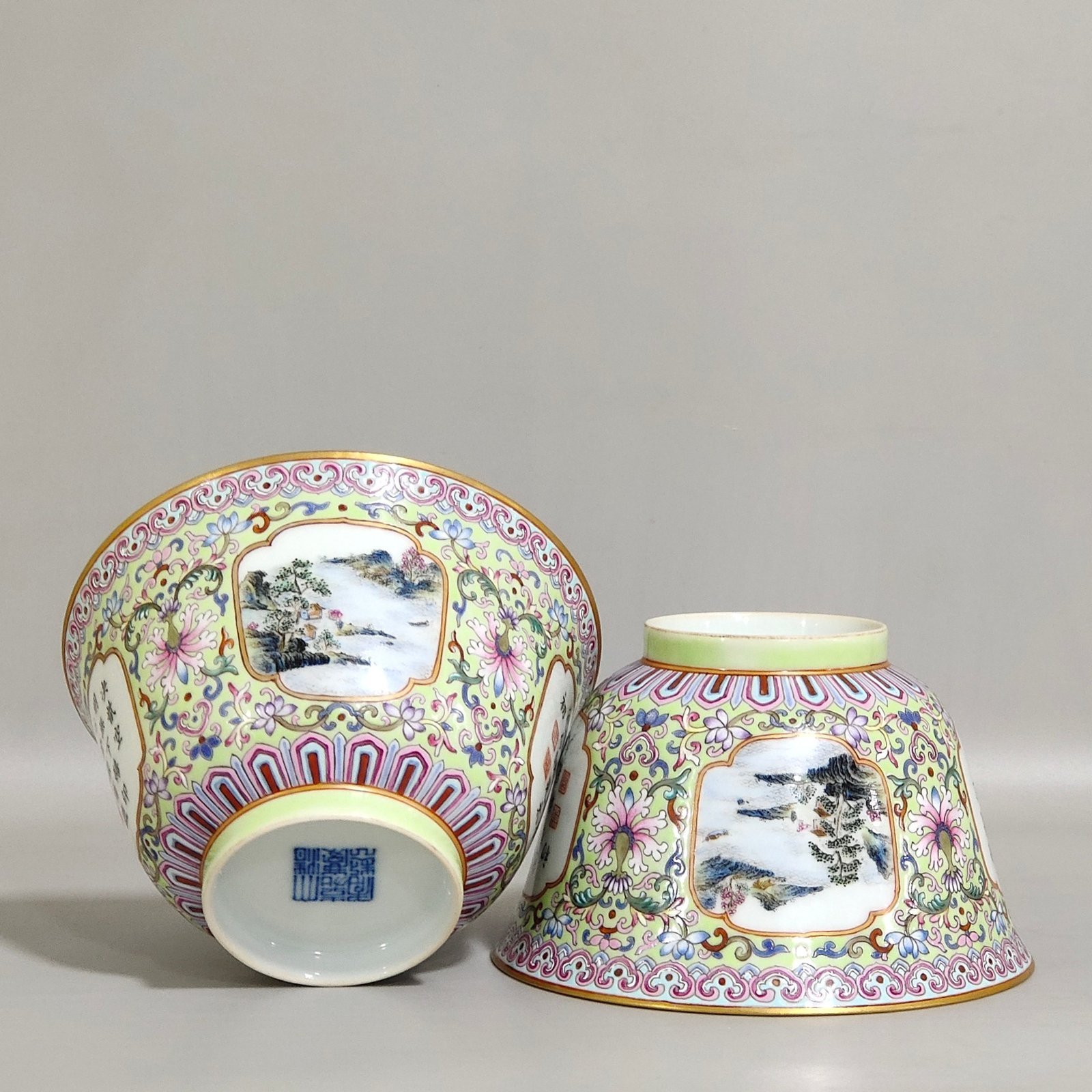 Qing Dynasty Jiaqing thin green space window opening landscape poem small bowl