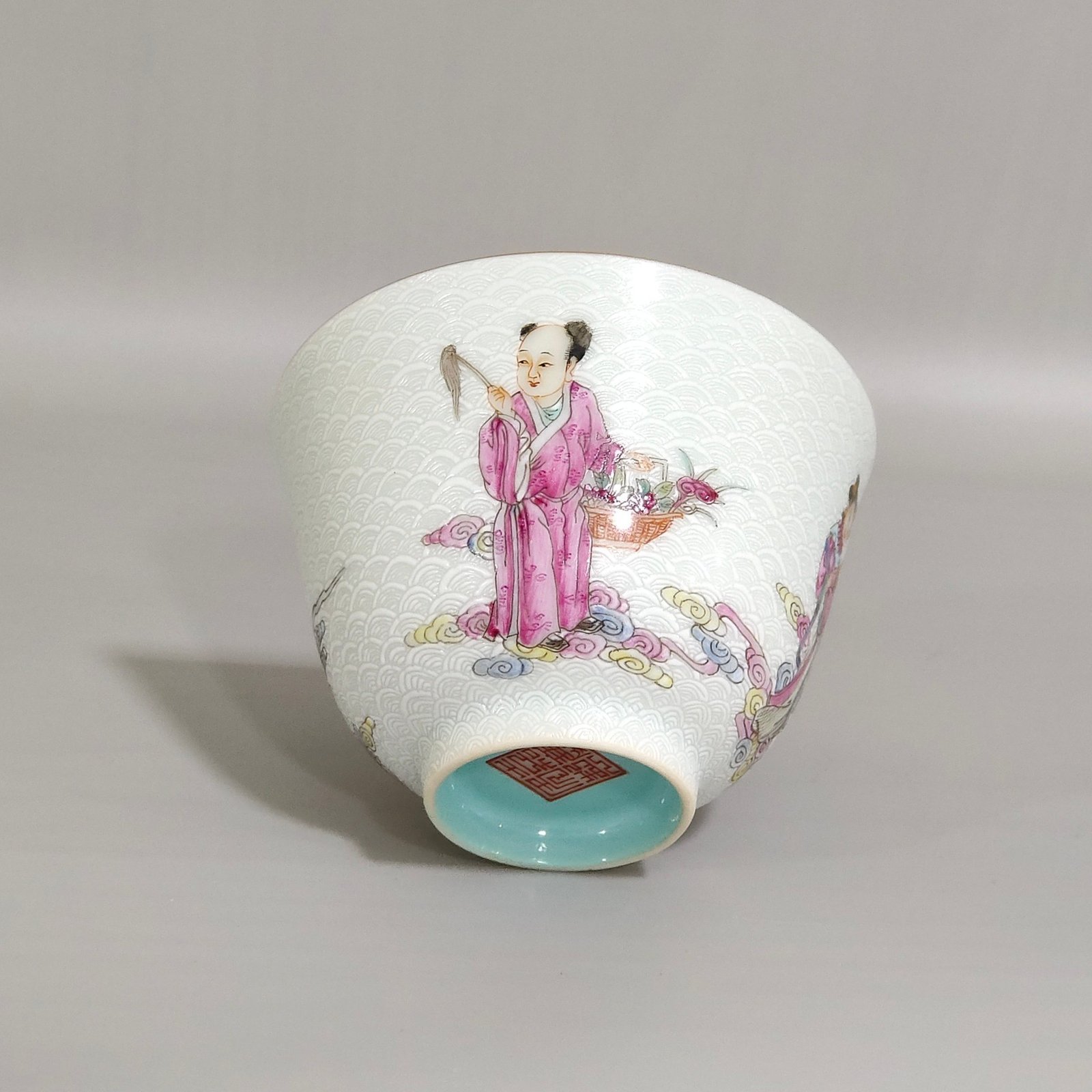 Qing Dynasty Jiaqing carvings with sea water pattern and Eight Immortals crossing the sea cup