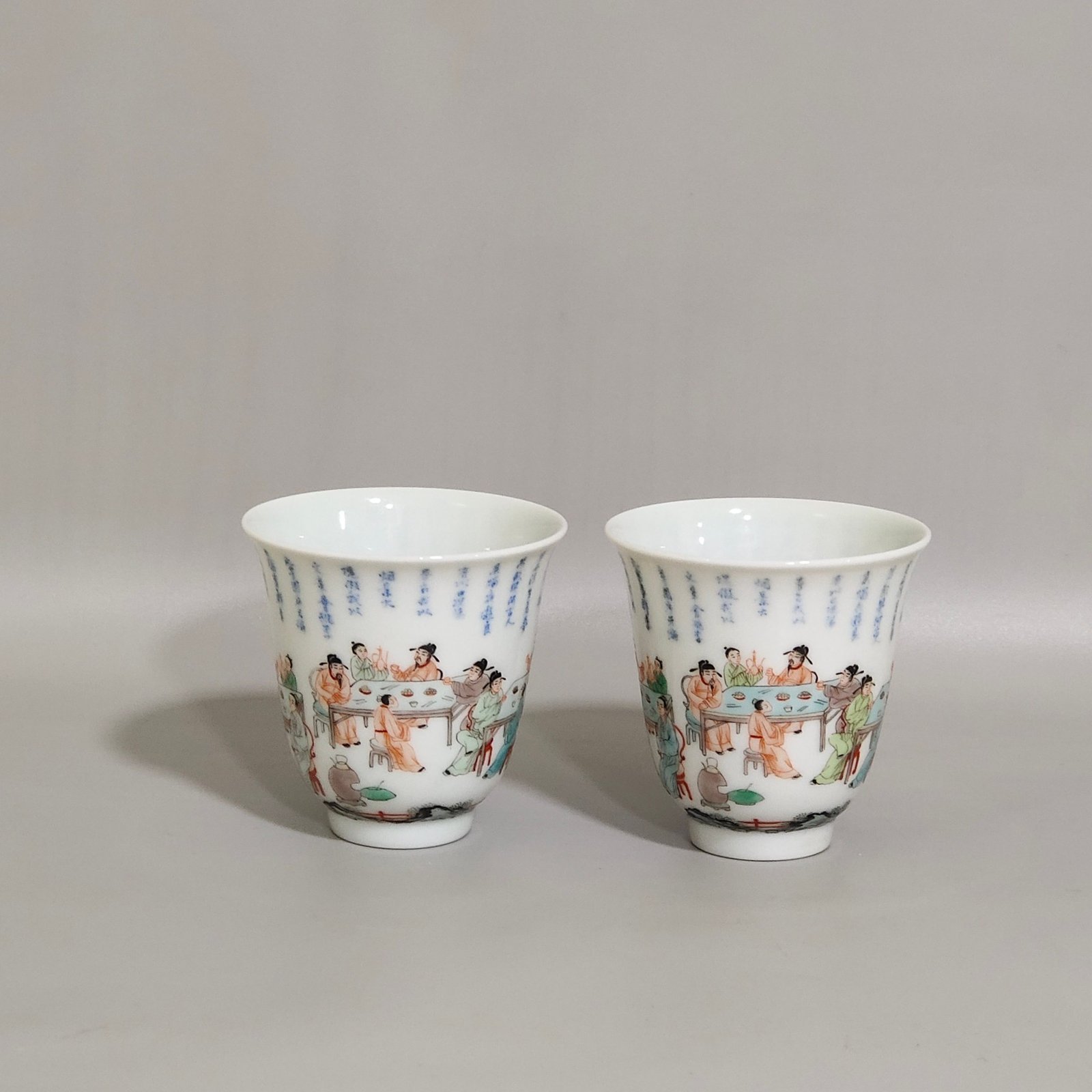 Qing Dynasty Kangxi blue and white colorful spring night bell cup