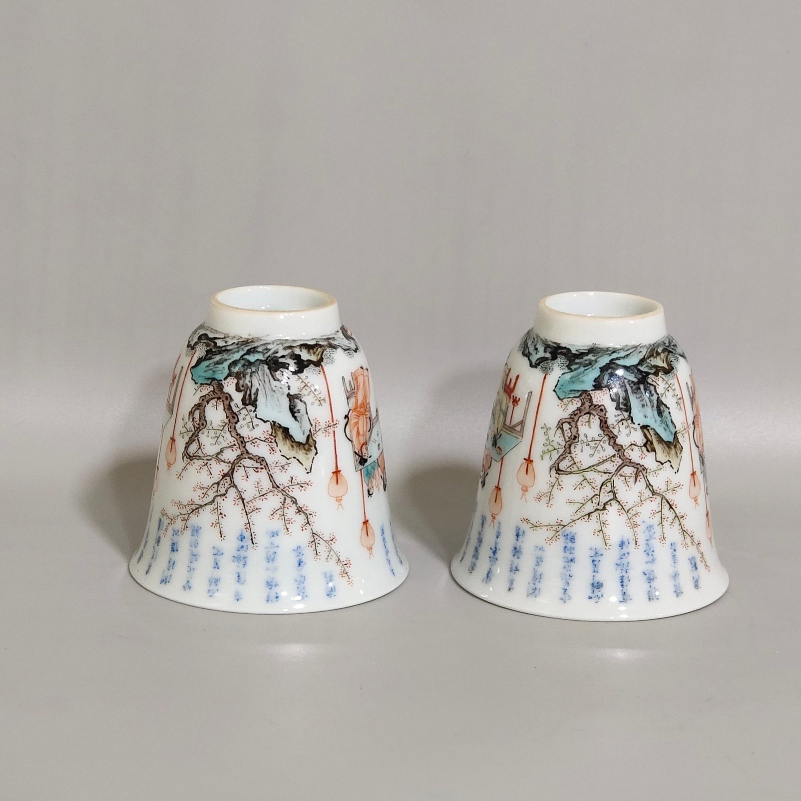 Qing Dynasty Kangxi blue and white colorful spring night bell cup