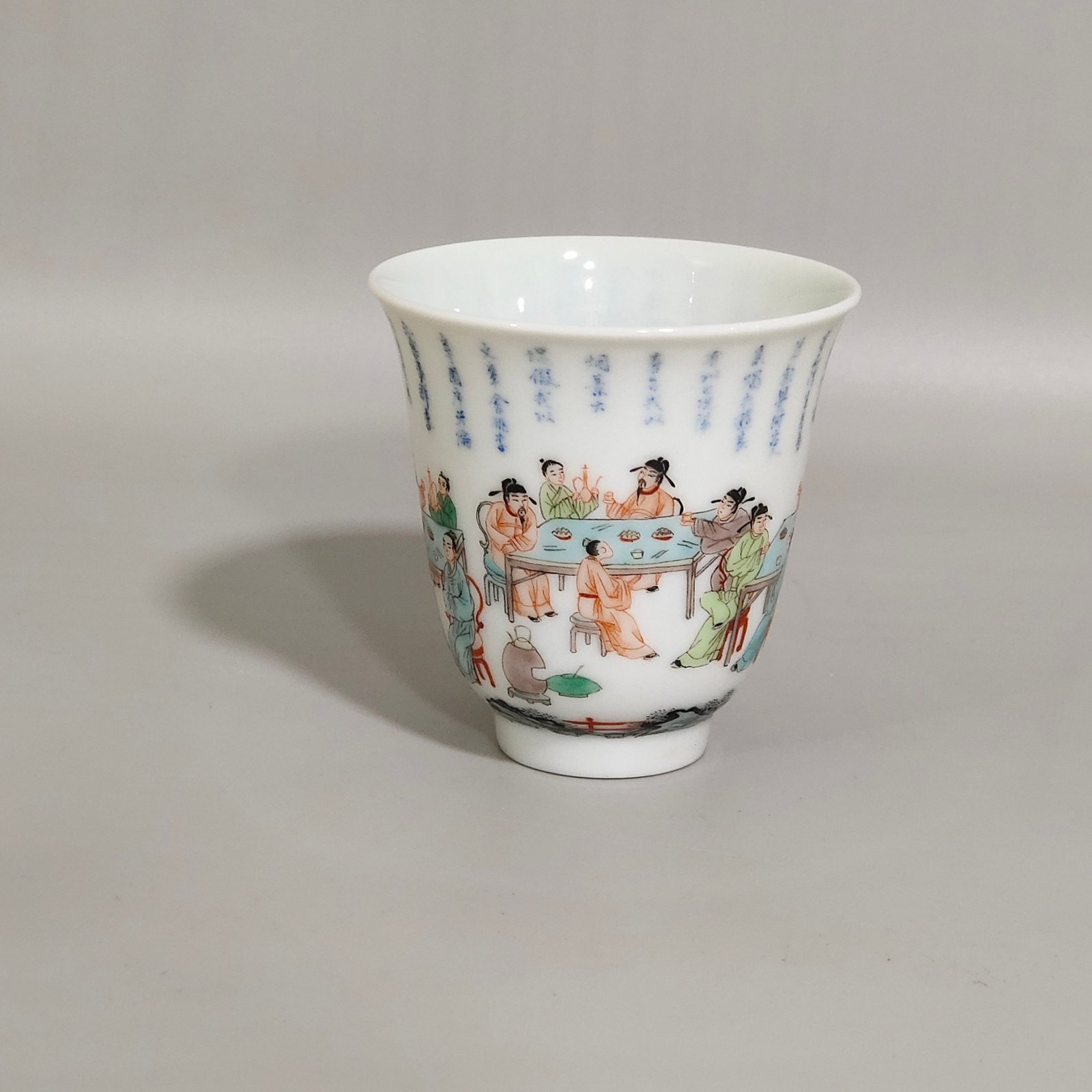 Qing Dynasty Kangxi blue and white colorful spring night bell cup
