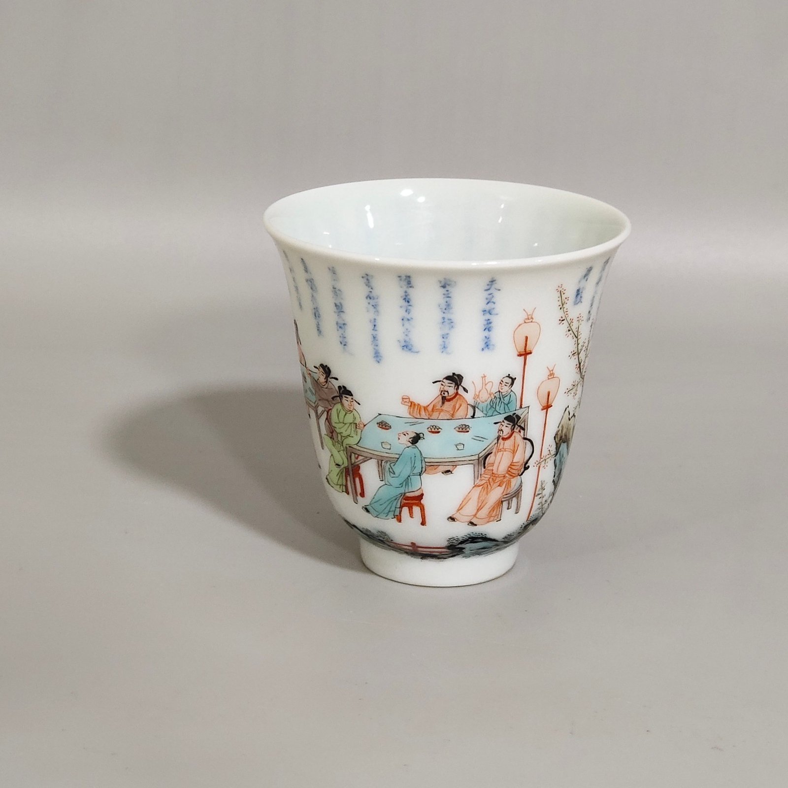 Qing Dynasty Kangxi blue and white colorful spring night bell cup